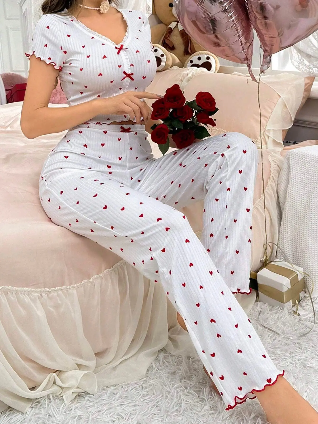 Heart Print Ribbed Frill Trim Pajama Set for Women Sleepwear Knitted V-Neck Loose Tops Elastic Long Pants Autumn Winter Wear - Image 4