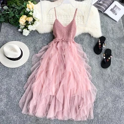 Summer Sleeveless Sling Gauze Tulle Dress Women knit V-neck Sexy Backless Long Dresses Sweet Mesh Pink Party Dress Vestidos