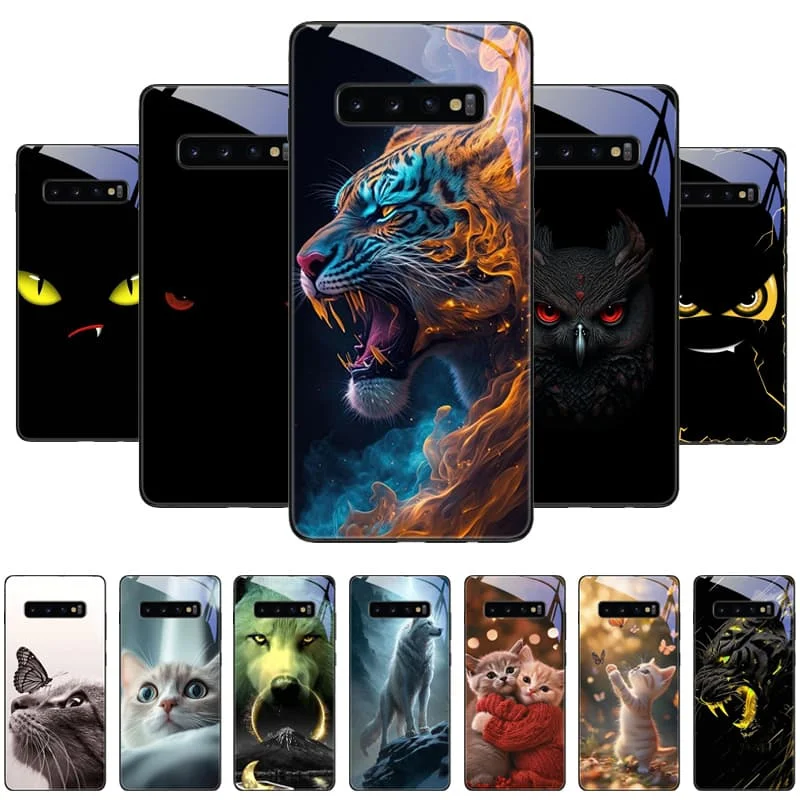 Para samsung s10 5g caso capa animal casos de vidro temperado para samsung galaxy s10e s10 s8 s9 plus s20 fe ultra s7 borda dura capa