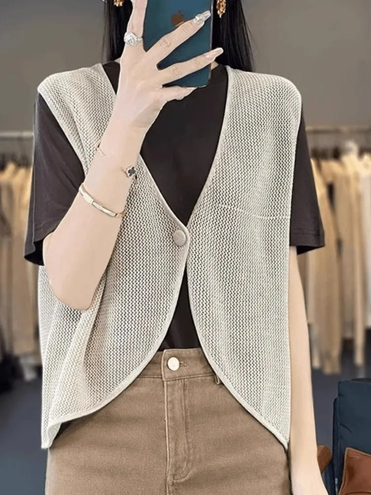 

Hollow out Knitted V-Ne-Button Cardigan Slimming Top Casual Color Svel Vest Comfortable Breathable Summer