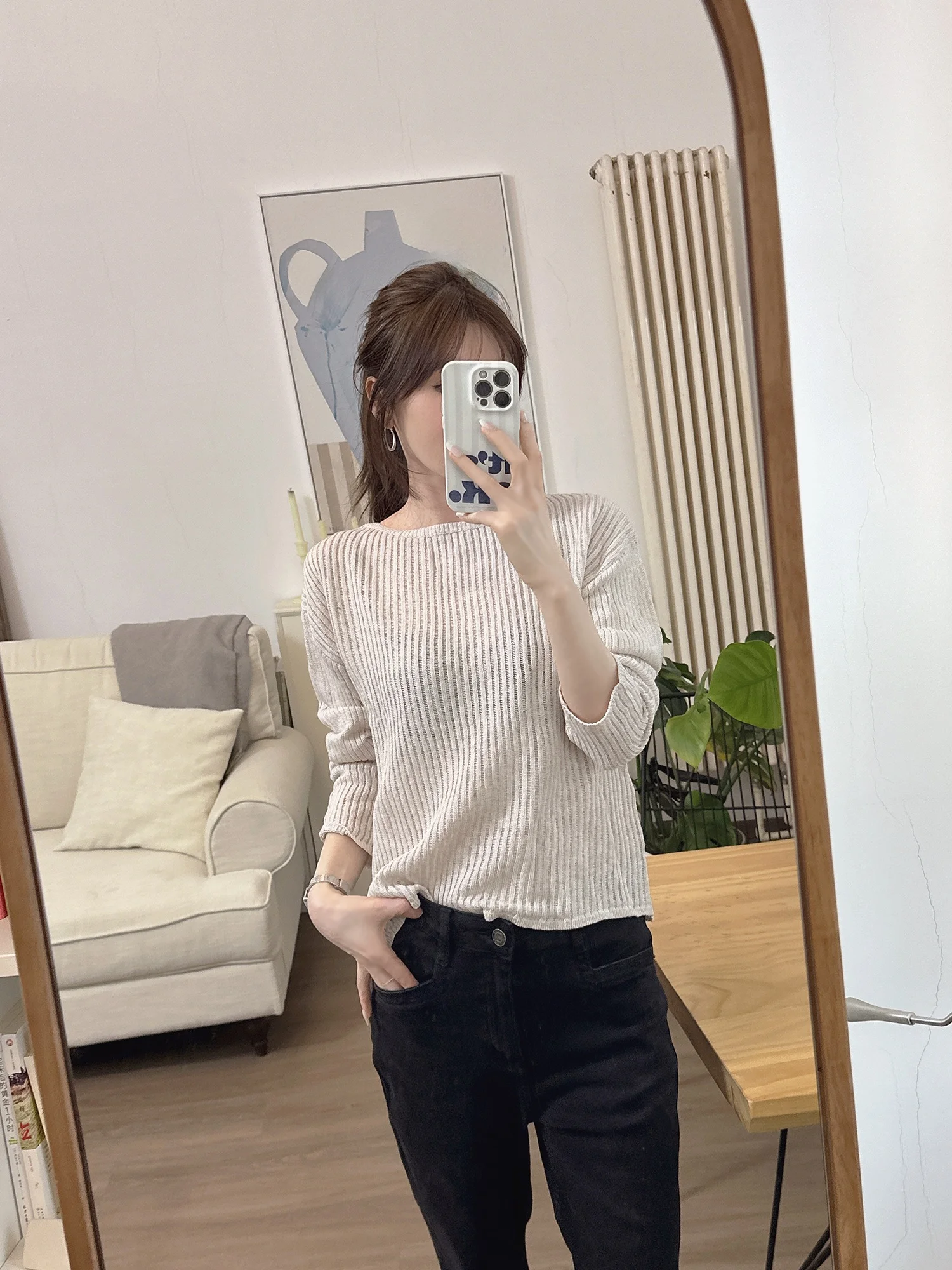 

Chia Spring Hollow out Knitted Short Side Button Long Sleeve Knitted Loose Fit Women's Pullover Fashionable Casual Top