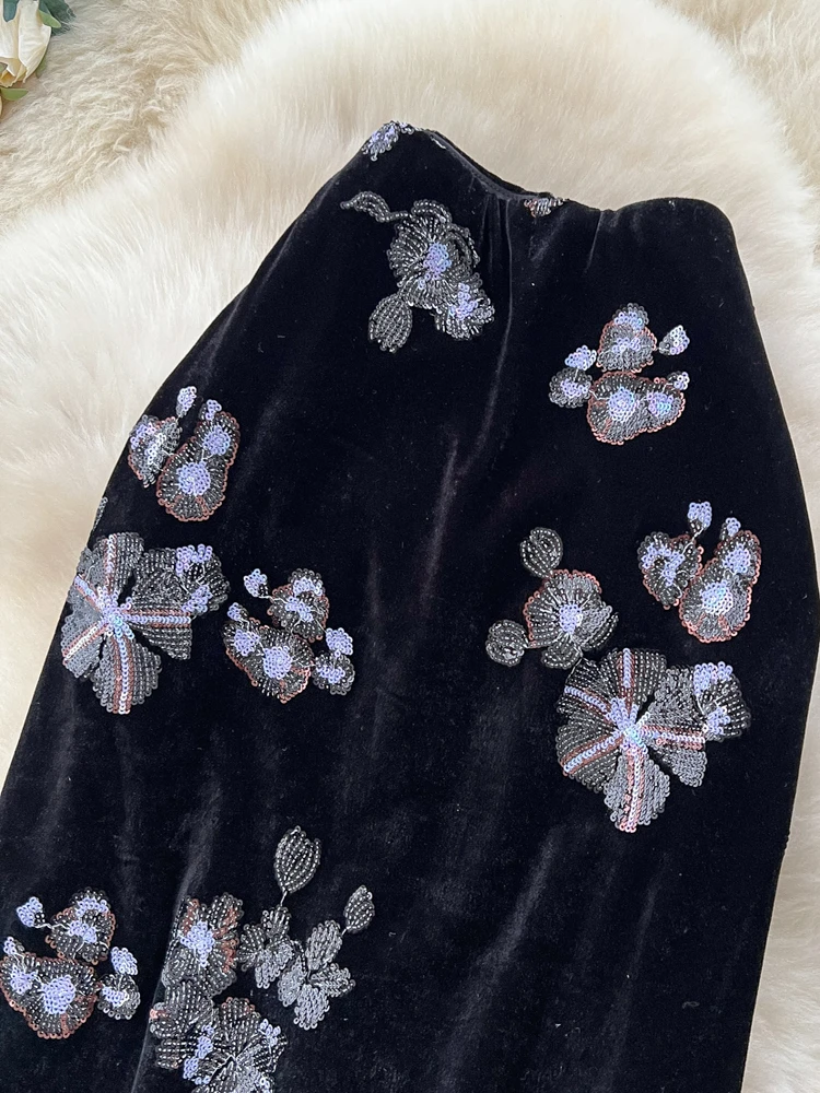 Ele الثقيلة التطريز الترتر المخملية عالية الخصر المرأة تنورة Ci تخفيف ألف خط صورة ظلية الوقوف صالح الصيف تنورة #2