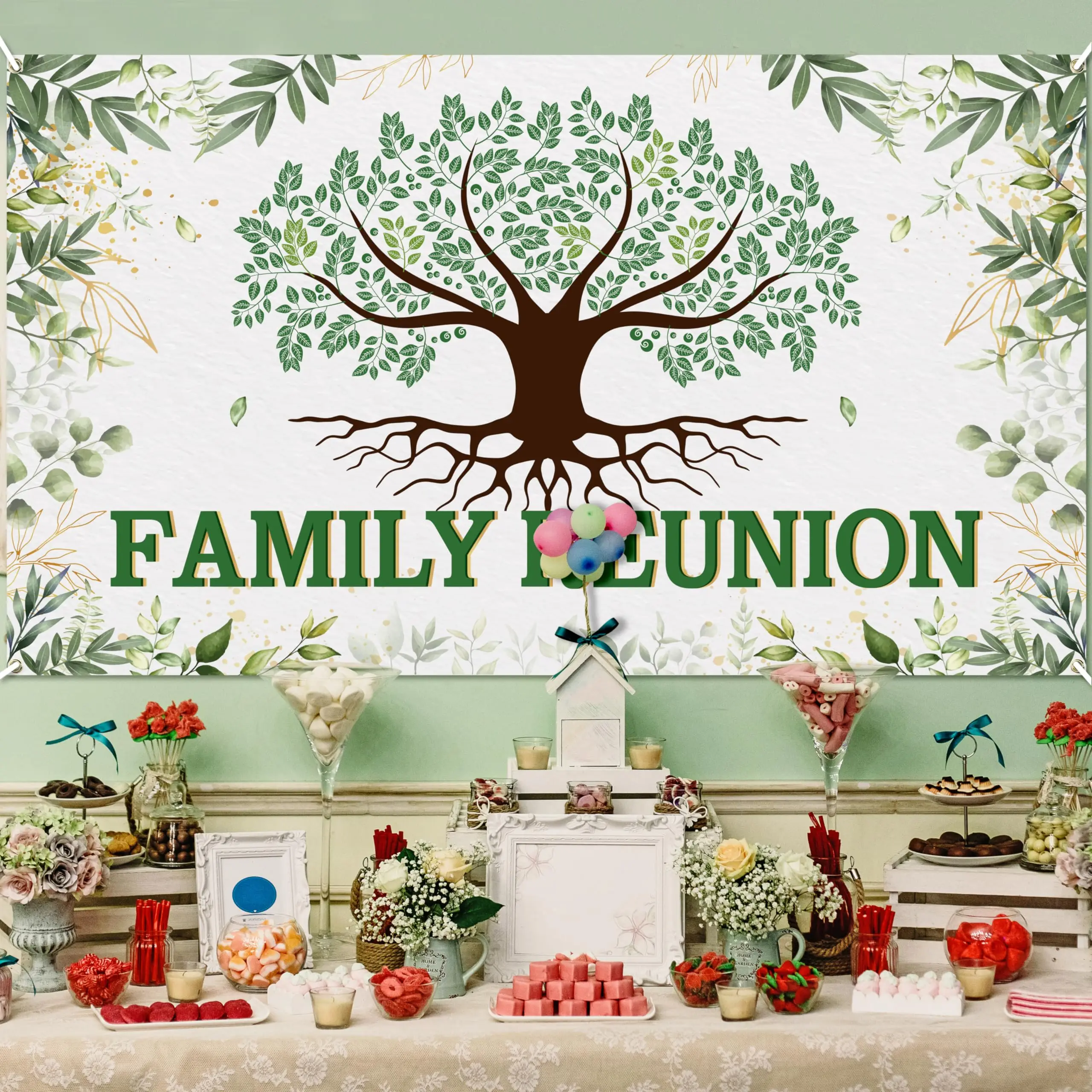 Bannière de toile de fond de réunion de famille d'usine de nappe, feuilles d'arbre généalogique, bienvenue à nos membres de famille, fond de photographie