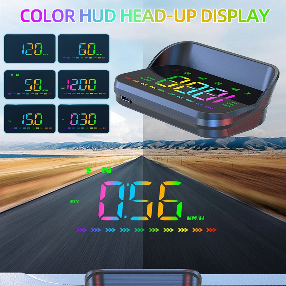 Car HUD Head Up Display GPS Speedometer KM/H MPH Compass Windshield Projection Over-speed Alarm RGB Light Electronics Accessory