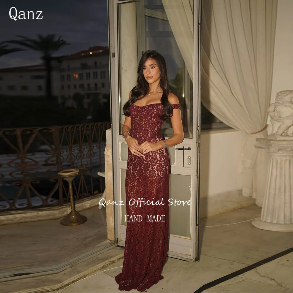 

Qanz бордовое платье для выпускного вечера с открытыми плечами, кружевное вечернее платье русалки, облегающие платья для женщин, вечерние, свадебные, по индивидуальному заказу