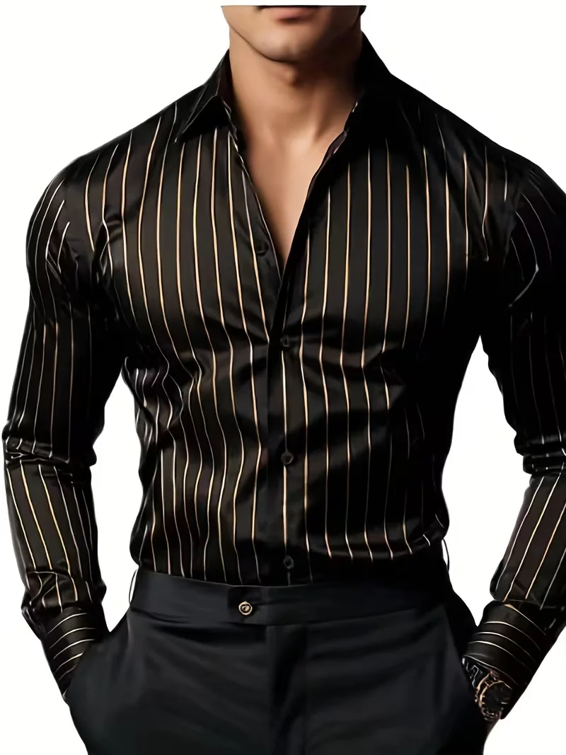 Camisa listrada masculina da moda: estilo elegante, casual e ao ar livre com mangas compridas, design de lapela e botões, macia e confortável