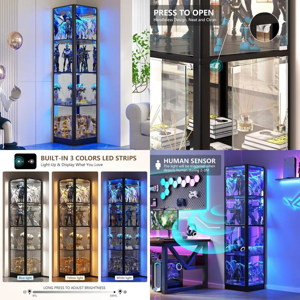 Vetrina angolare con porta in vetro illuminata, vetrina Curio da 68 pollici, ripiano in vetro a 4 livelli per oggetti da collezione, giocattoli e libri