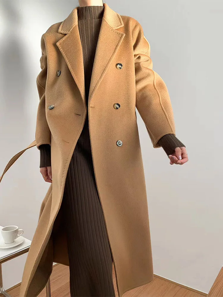 2023 New Women High-end Double-sided Cashmere Coat Long Water Ripple Coats Double-sided Woolen Jacket Loose Tie Female Autumn Wi