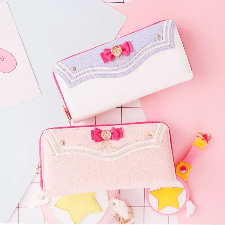 Anime Cartoon Sailor Moon Designer PU-Leder Lange und Kurze Geldbörse mit Schleifenmuster für Damen Japanische Modemarke Reißverschluss-Portemonnaie Geschenk