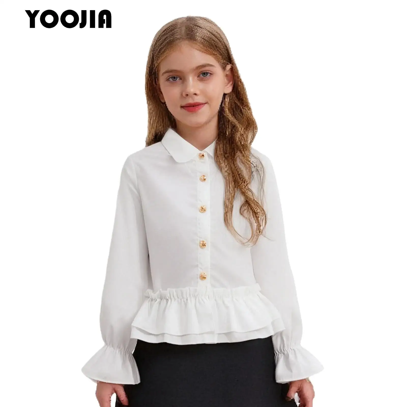 

Kids Girl Lapel Ruffle White Blouses Elegant Puff Sleeve Chic Autumn School Girls Blouse Preppy Style Clothes Lovely Korean Tops