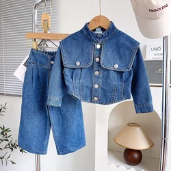 Childrens Sets Girl Cowboy Autumn New Children Korean Fashion Cowboy Causal Time Lapel Collar Two Pieces 2024 Simple