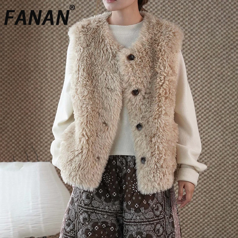 FANAN Thick Warm Faux Fur Design Vest For Women Round Neck Single Breasted Korean Style Loose Minimalism Jackets 2025 Winter New