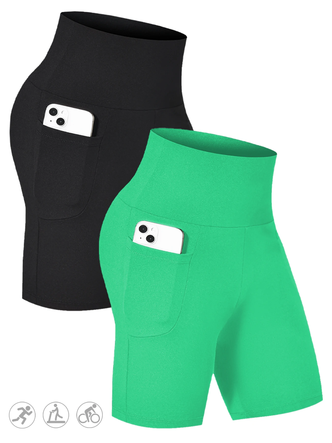 

Комплект из 2 байкерских шорт с высокой талией для женщин с карманами, очень мягкие, без прозрачности, для тренировок, бега, йоги, спортивных пуш-ап, тренажерного зала