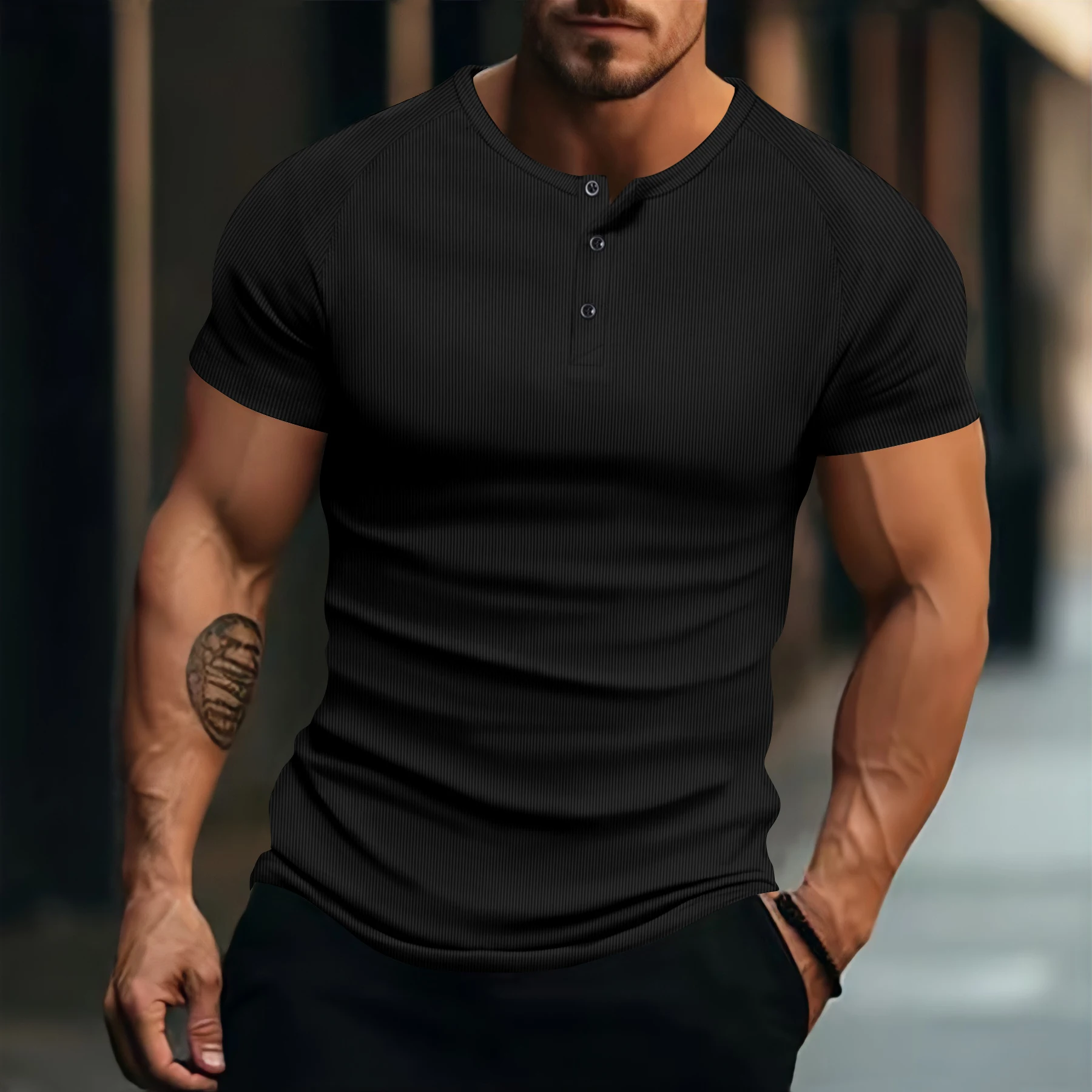 Męska koszula sportowa na lato 2025, nowy styl, casualowa, z okrągłym dekoltem, jednolita, zapinana na guziki, z krótkim rękawem.