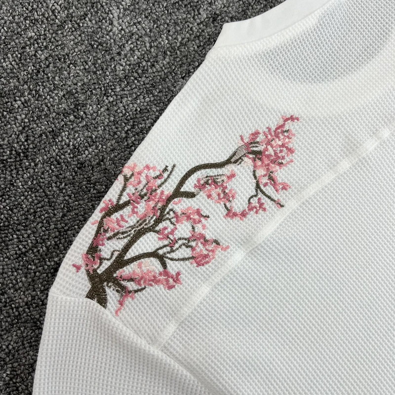 Waffle Long Sleeve Embroidery Sakura Derschutze Blossom T Shirt Men Women Casual Loose High Quality Breathe T-shirt Clothes image 6