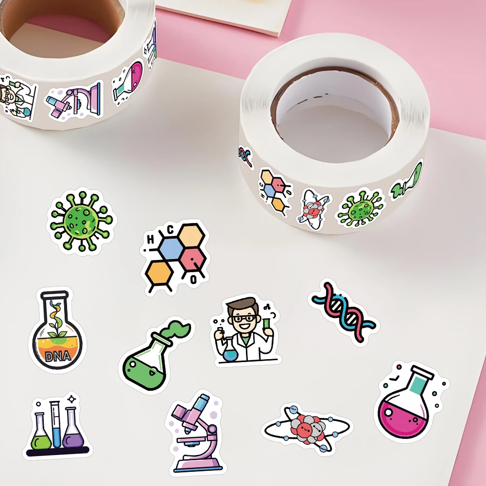 500PCS/Roll Cartoon Chemical Wind Roll Sticker Microscope Pharmaceutical Bottle Scientist Bacterial Creative Fun Scrapbook Phone
