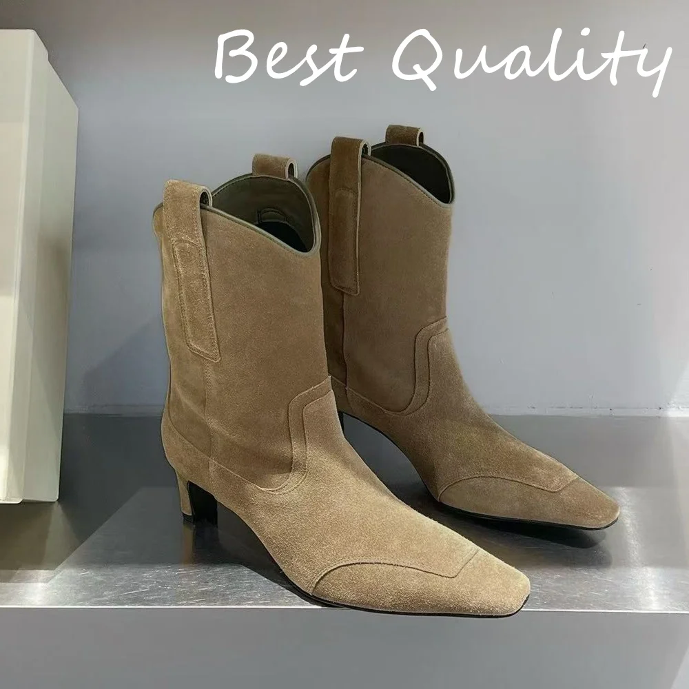 

2024 Winter Chelsea Short boots Thin heeled shoes with square toe Suede Pointed upper Thick Heels Versatile British Style