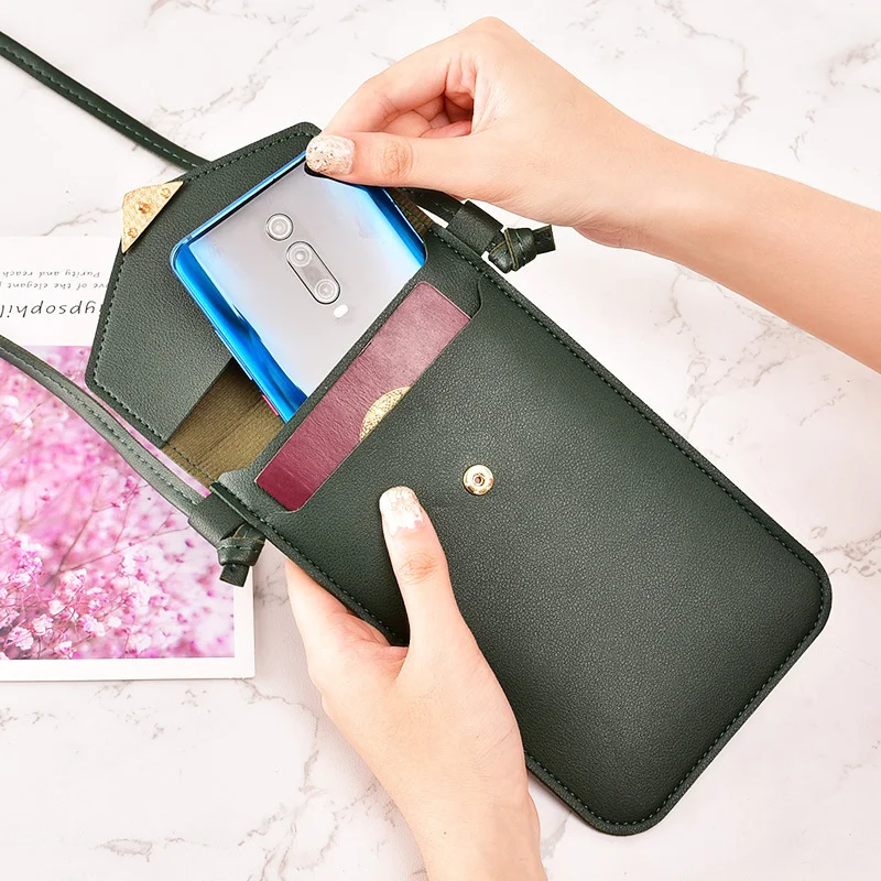 2021 new one shoulder diagonal buckle bag love transparent touch screen simple vertical student mobile phone bag