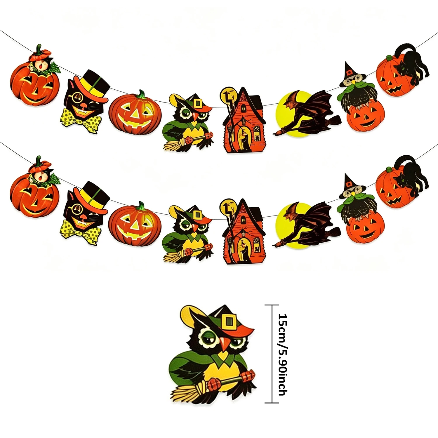 Vintage Halloween Papierbanner Retro Kürbis Schwarze Katze Geisterhaus Girlande für Heimwand Kaminsims Kamin Partydekorationen – Detail 1