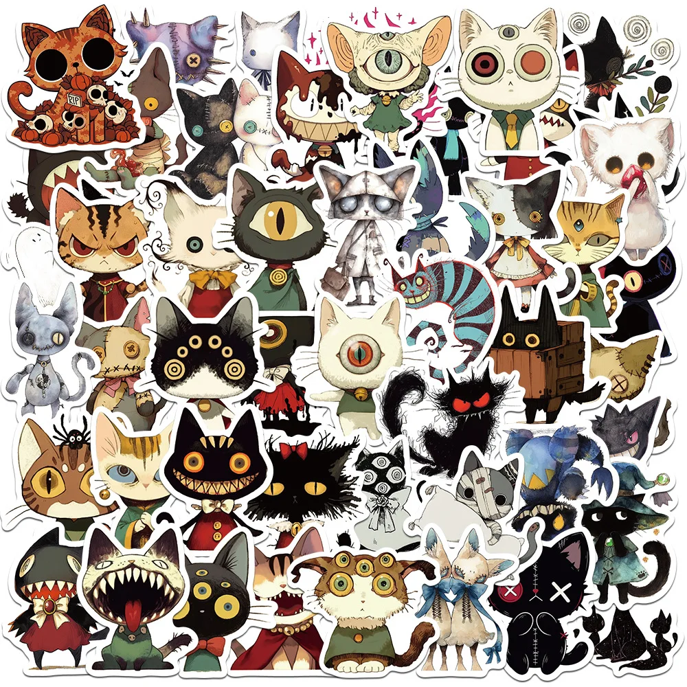 50PCS Halloween Horror Gothic Cartoon Weird Cat Stickers DIY Luggage Laptop Phone Case Skateboard Sticker Toy