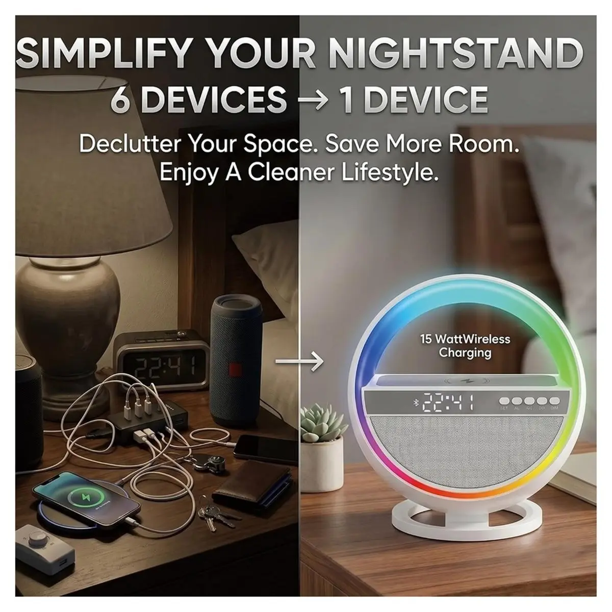 6-in-1 LED Digital Alarm Clock with Wireless Charging, Bluetooth 5.3 Speaker,USB & TF Card Support, Desk Lamp for Home