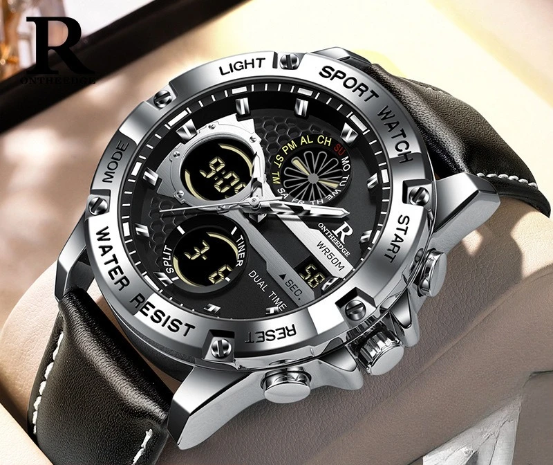 

Модные мужские кварцевые часы с большим циферблатом и двойным дисплеем, ремешок из натуральной кожи, водонепроницаемые повседневные наручные часы