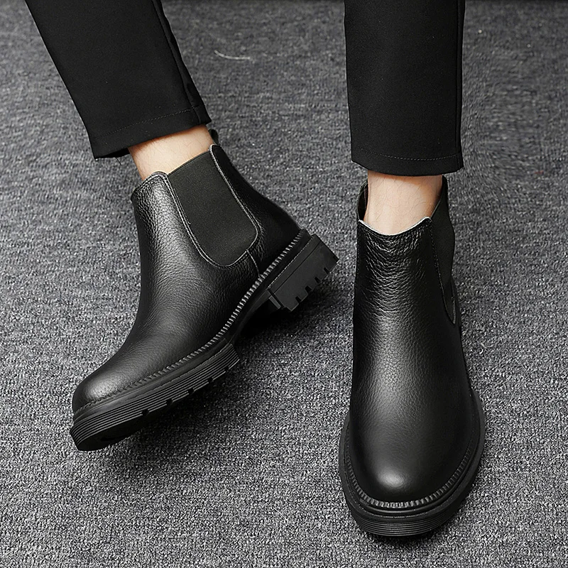 Botas Chelsea cálidas de terciopelo para hombre, botas altas de cuero de marca de lujo para negocios, botas de ocio para caminar con suela gruesa para exteriores