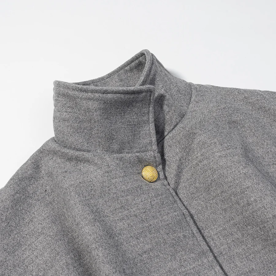 YENKYE Stand Collar Flare Sleeve Elegant Woolen Coat Women Single Button With Belt Autumn Winter Short Outerwear Lady Outfits