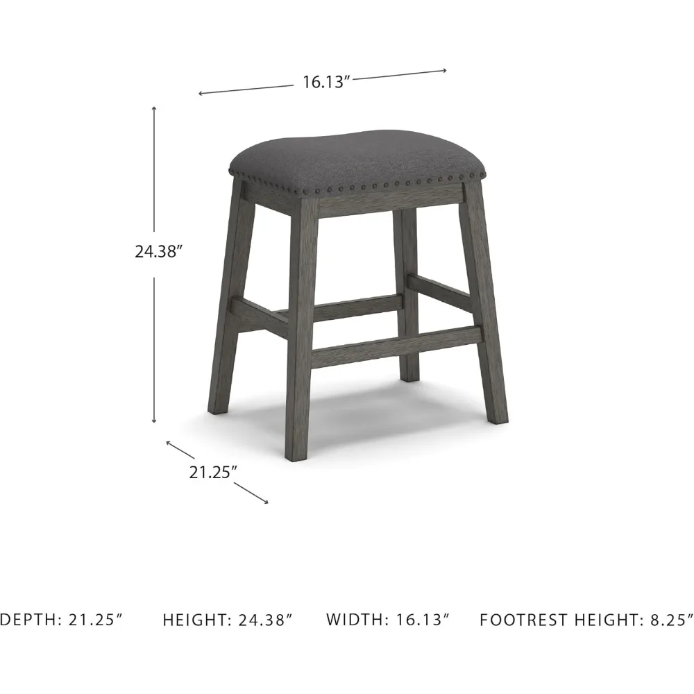 Rustic Gray Counter Height Upholstered Barstool Set of 2, Solid Wood with Nailhead Trim