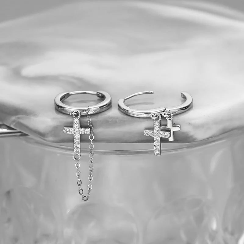 1Pcs Fashion Unisex Asymmetric New In Hip-Hop Tassel cross Earrings For Women Men Teens Pendient Ear Stud Jewelry Accessories