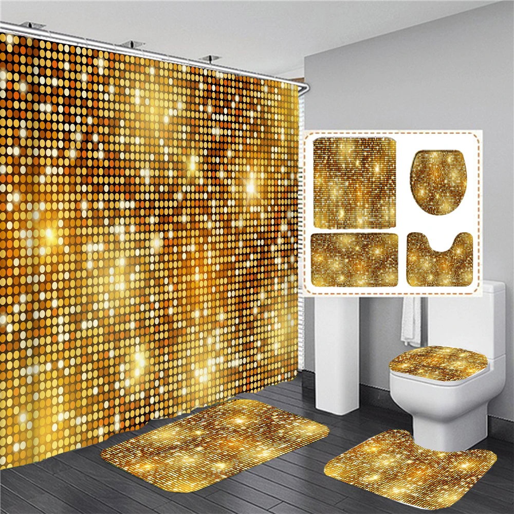 Gold Shiny Mosaic with Colorful Pattern Bathroom Shower Curtains Toilet Lid Cover Mats Non-Slip Carpet Bath Rugs Home Decor