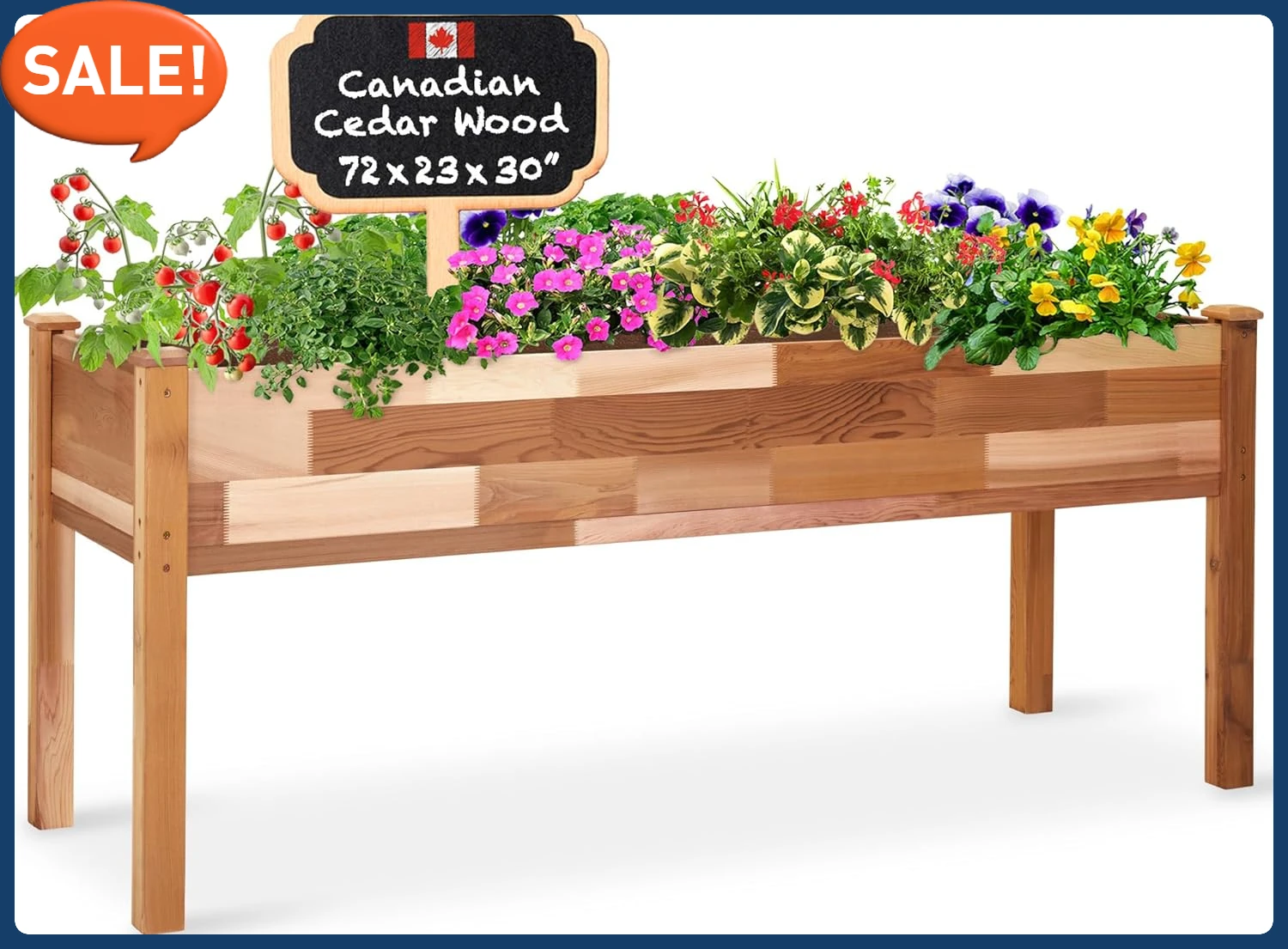 

Raised Canadian Cedar Garden Bed | Elevated Wood Planter for Growing Fresh Herbs, Vegetables, Flowers, Succulents | 72x23x30”