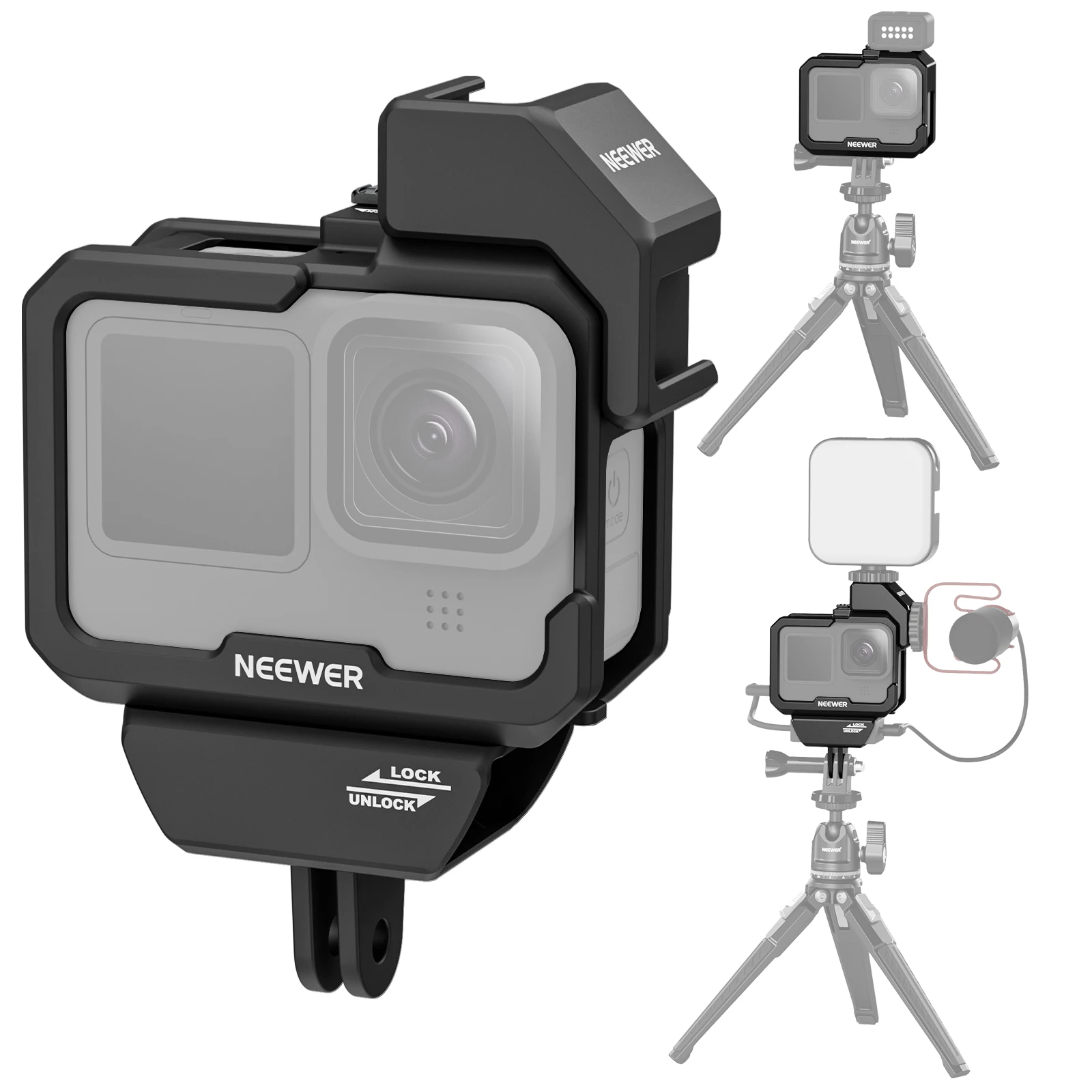 

NEEWER видео Rig Cage совместим с GoPro Hero 12 11 10 9 светильник Mod Max Lens Mod, прочный пластик с 3,5 ММ медиа аудио микрофоном