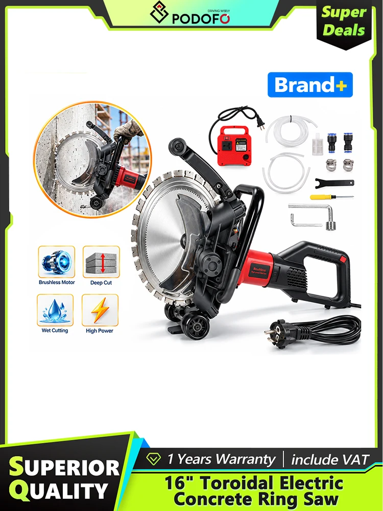 Podofo 16" 9800W Toroidale Elektrische Beton-Ringsäge für Nass-/Trockenschneiden mit Wasserpumpe, Bürstenloser Hochfrequenz-Hochleistungs-Kreissäge, Wandschneidemaschine für Beton, Ziegel,