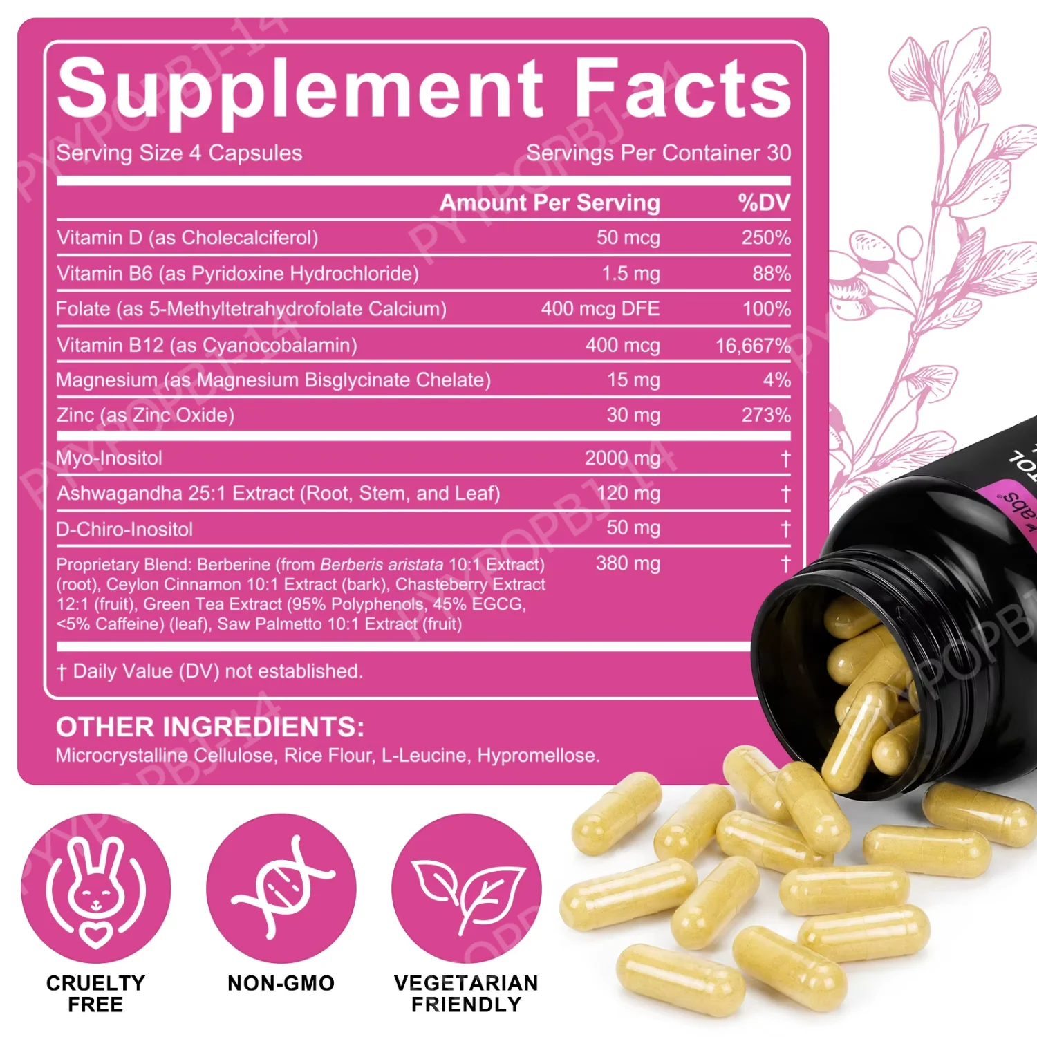 ArtoaLabs Myo-Inositol D-Chiro-Inositol Capsules with Folate 5-MTHF Vitamin D3 Magnesium Bisglycinate Zinc Oxide 120 Capsules