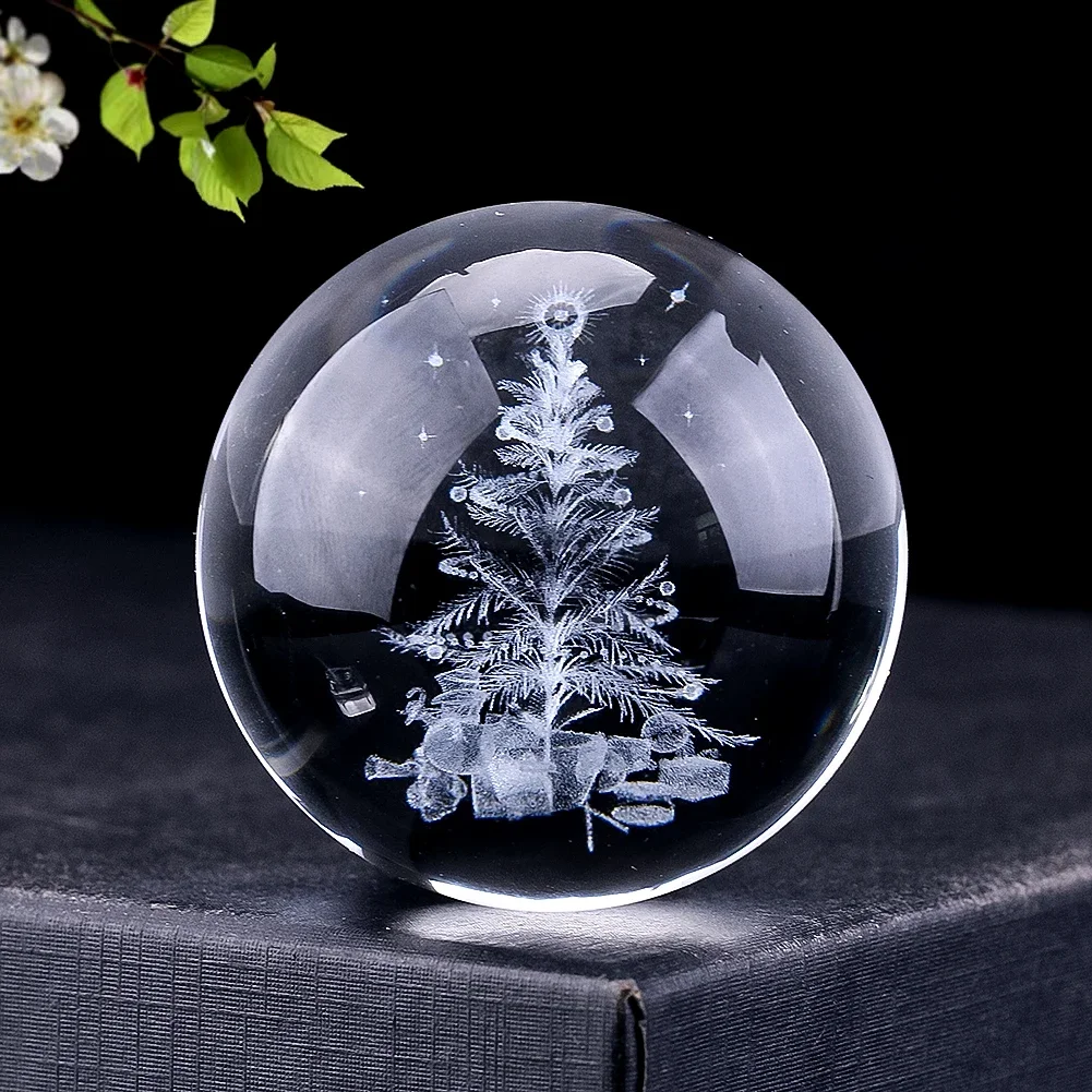 3D Laser Christmas Tree Figurines Miniatures Crystal Ball Glass Paperweight Ball Sphere Globe Display Stand Xmas Home Decor Gift