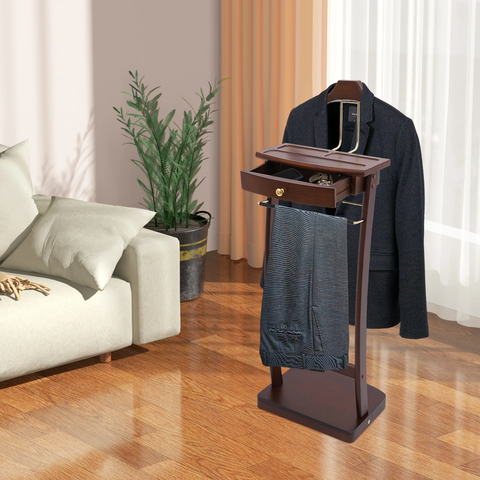 حامل ملابس قائم بذاته مع حامل بدلة قاعدة قوي 17.32*11.81*44.09 بوصة لون الجوز لمكتب غرفة الفندق