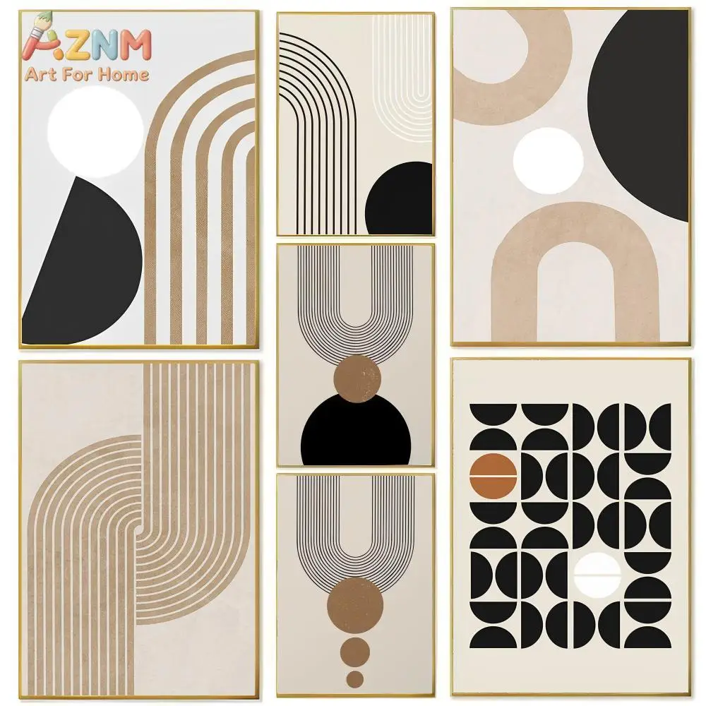 AZNM Boho Neutral Geometric Line Canvas Wall Print Unframed Abstract Arch Circle Shape Poster Minimalist Beige Black Living Room