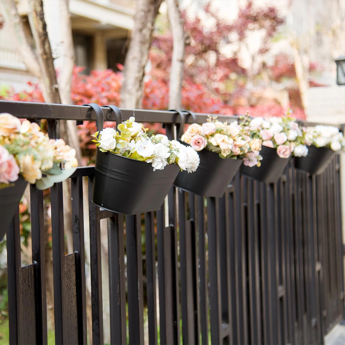 Metal Hanging Flower Pots for Fence Outdoor Balcony Rail Planter with Detachable Hooks Drainage Holes for Deck Garden Decor