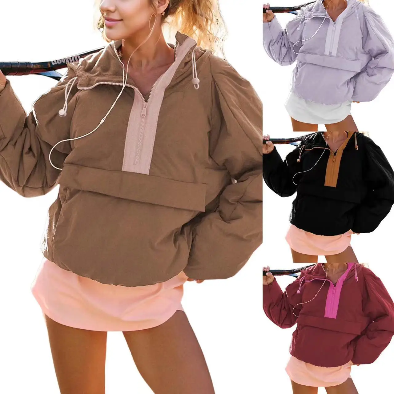 Keep Warm Thick Workwear Style Hooded Sweatshirt Women Contrast Color Zipper Drawstring Loose Pullover Hoodie Comfortable Casual