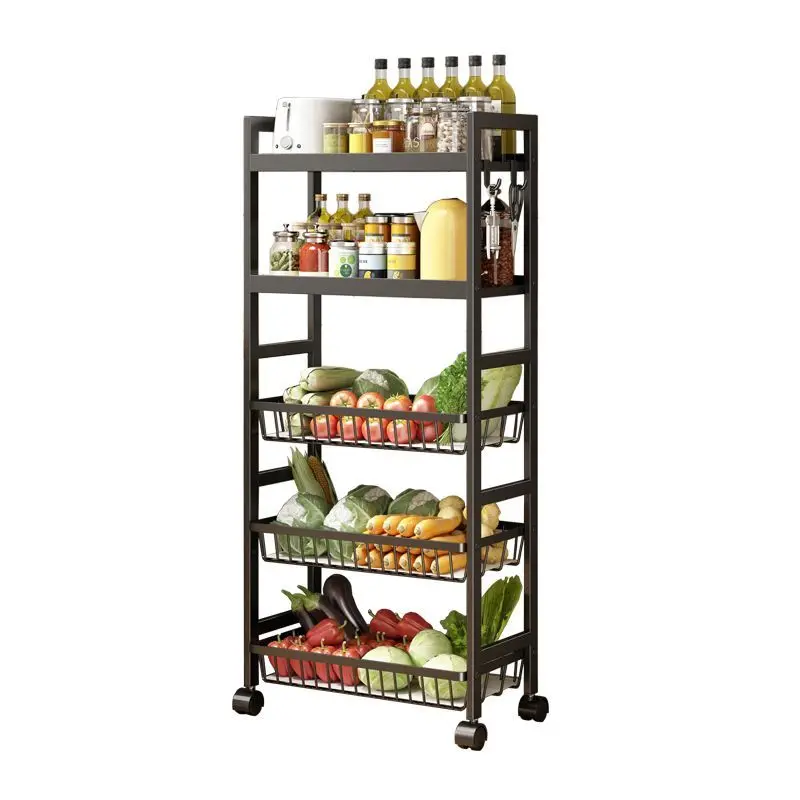 5-Tier Black Metal Kitchen Storage Trolley Cart Rolling Vegetable Fruit Wire Basket Rack With Wheels