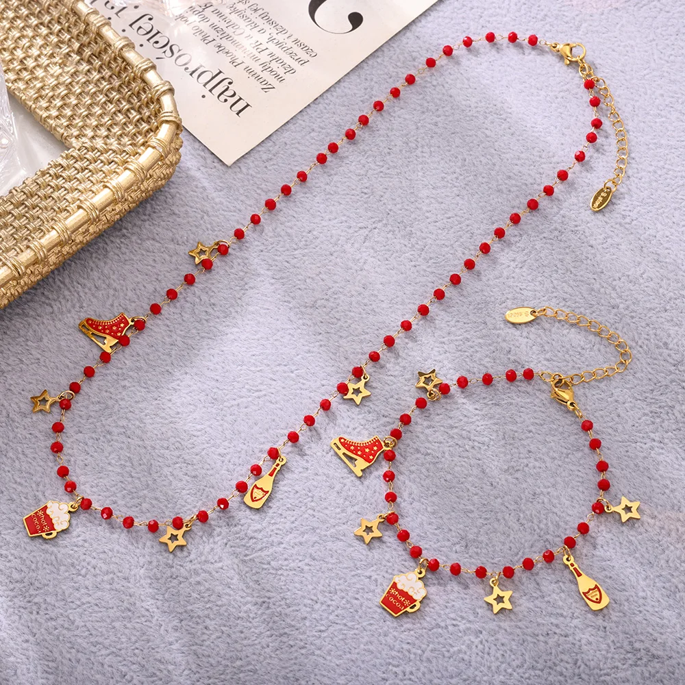 Star Beer Schlittschuh-Halsketten, Armbänder für Damen, 316L Edelstahl-Gliederkette, rote Granatperlen, Weihnachtsschmuck-Set, Geschenke – Detail 7