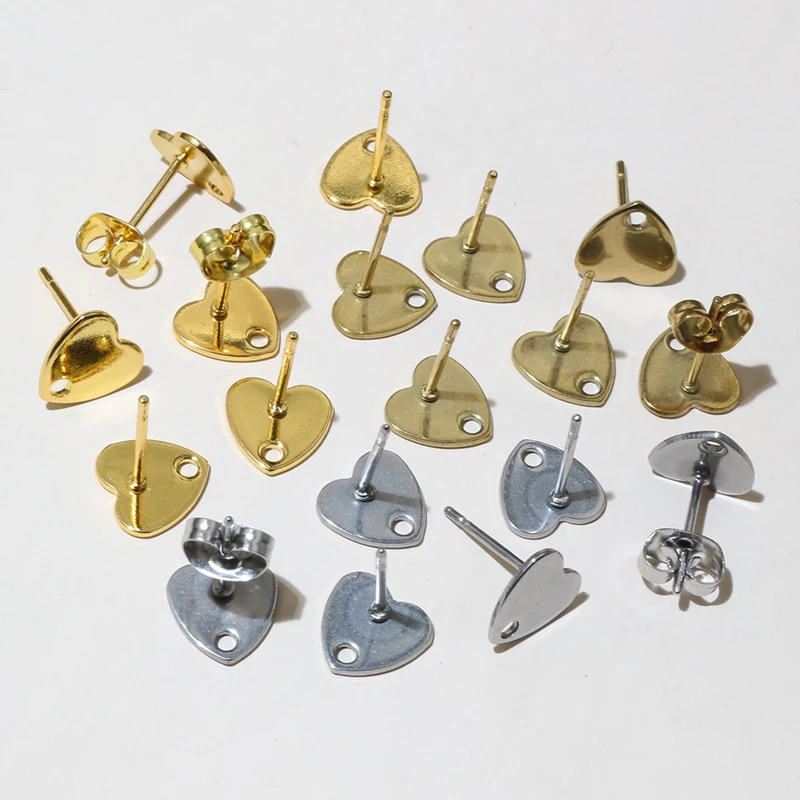 20pcs 8mm Heart 316 Stainless Steel Gold Plated Pin Findings Stud Earring With Hole Connector For DIY Jewelry Making Supplies