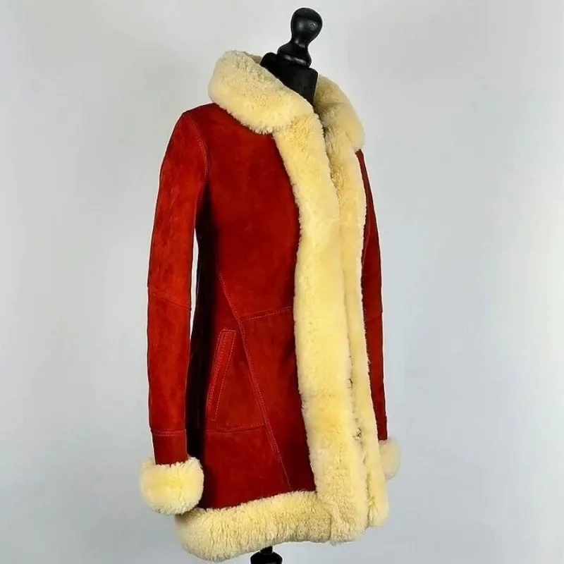 Red Long Coat with Fur Real Suede Jacket Leather Jacket Women