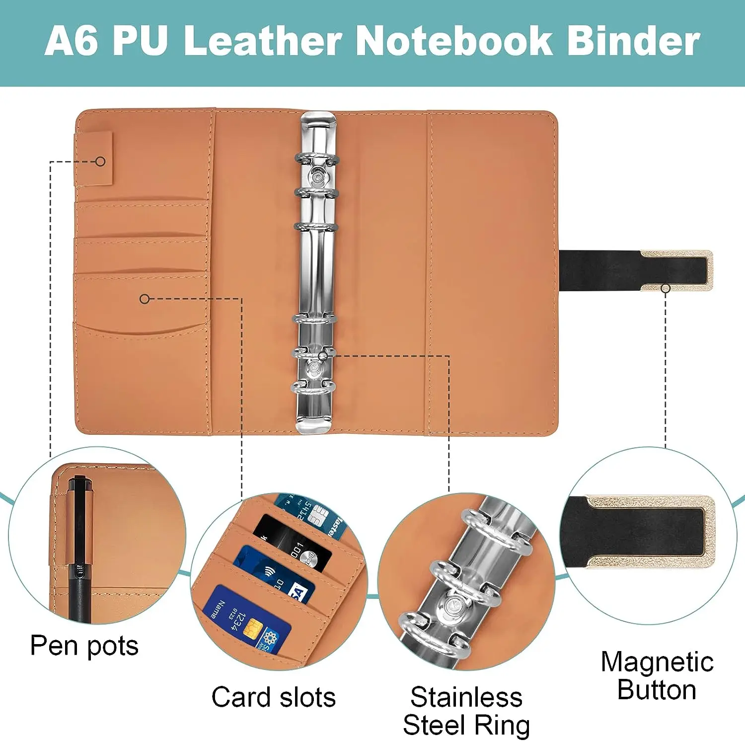 2023 Budget Binder A6 PU Leather Notebook Cash Envelopes System Set Clip-On Binder Pockets For Money Saving Bill Organizer Gifts