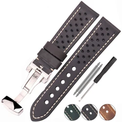 Breathable Genuine Leather Watchband with Deployment Clasp  20mm 22mm 24mm Comfortable Soft Watch Strap
