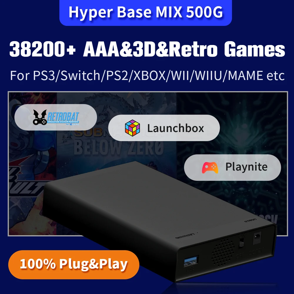 

Hyper Base MIX 500GB Portable Game Hard Drive 3 System in 1 Built-in 38200+ AAA&3D&Retro Games for PS3/Switch/PS2/XBOX/WII/WIIU