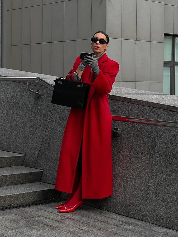 Fashion Red Turn Down Collar Long Overcoats Elegant Lady Solid Long Sleeves With Pocket Coats 2024 Autumn Winter High Streetwear