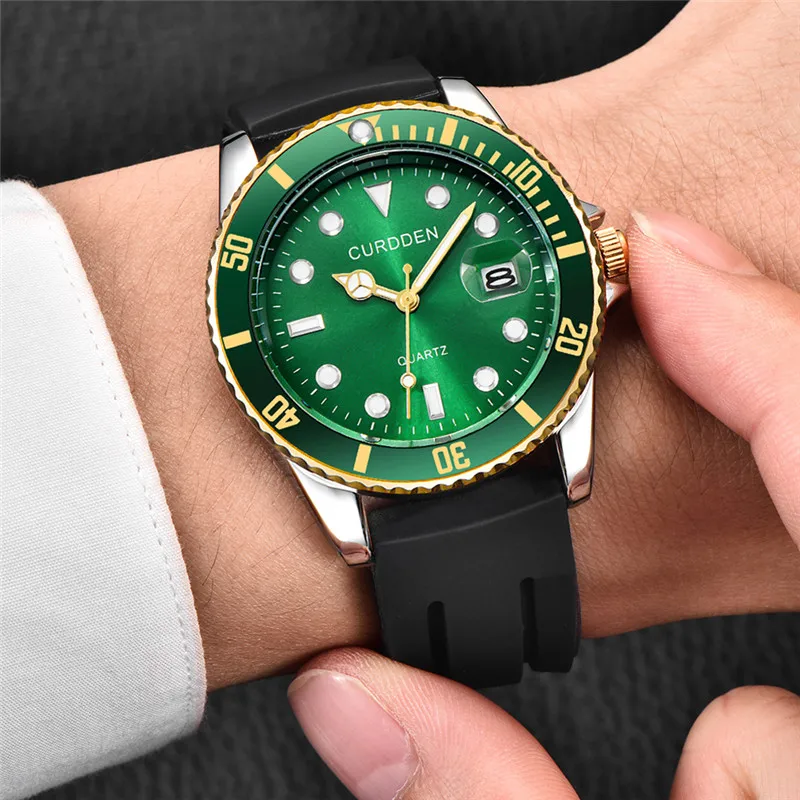 Мужские Оригинальные большие Брендовые Часы, студенческие Модные Простые ВИНТАЖНЫЕ КВАРЦЕВЫЕ ЧАСЫ с резиновым ремешком и датой, зеленые роскошные часы