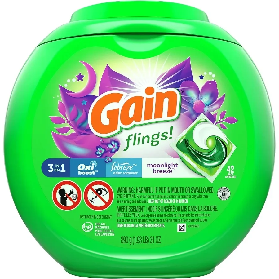 غسيل Moonlight Breeze Pacs، 42 قطعة. تنظيف قوي، رائحة طازجة للعائلة. كبسولات منظف سهلة الاستخدام للغسالة